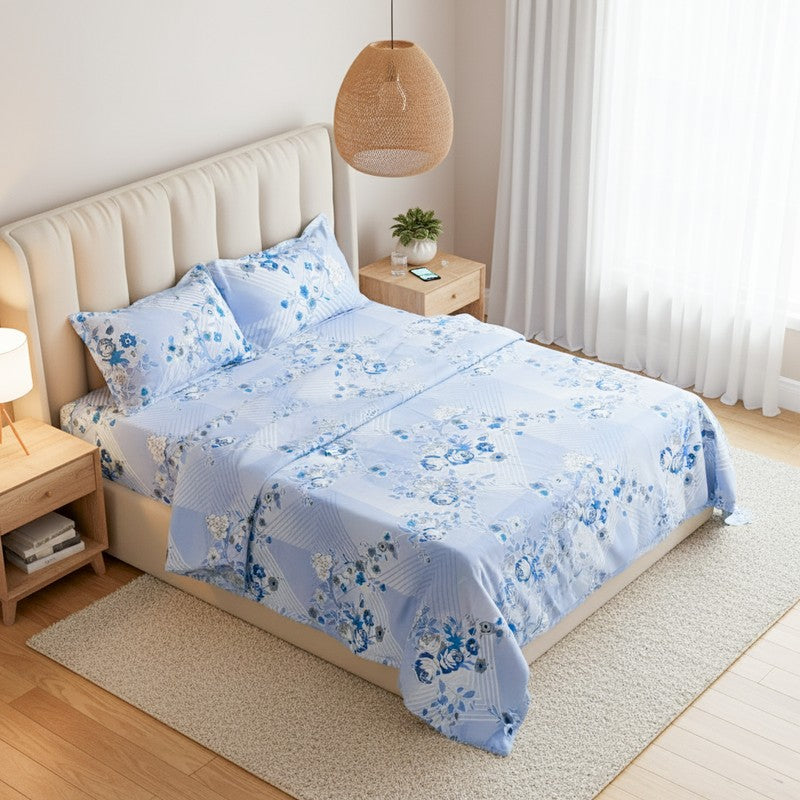 Nidra Floral Cotton Bedsheet (Blue) - 120 TC