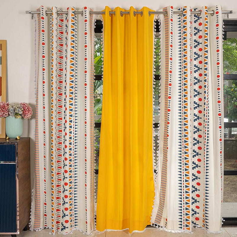 Urban Space Ikat & Aura Curtain (Orange,Yellow) - Set Of Three media 2