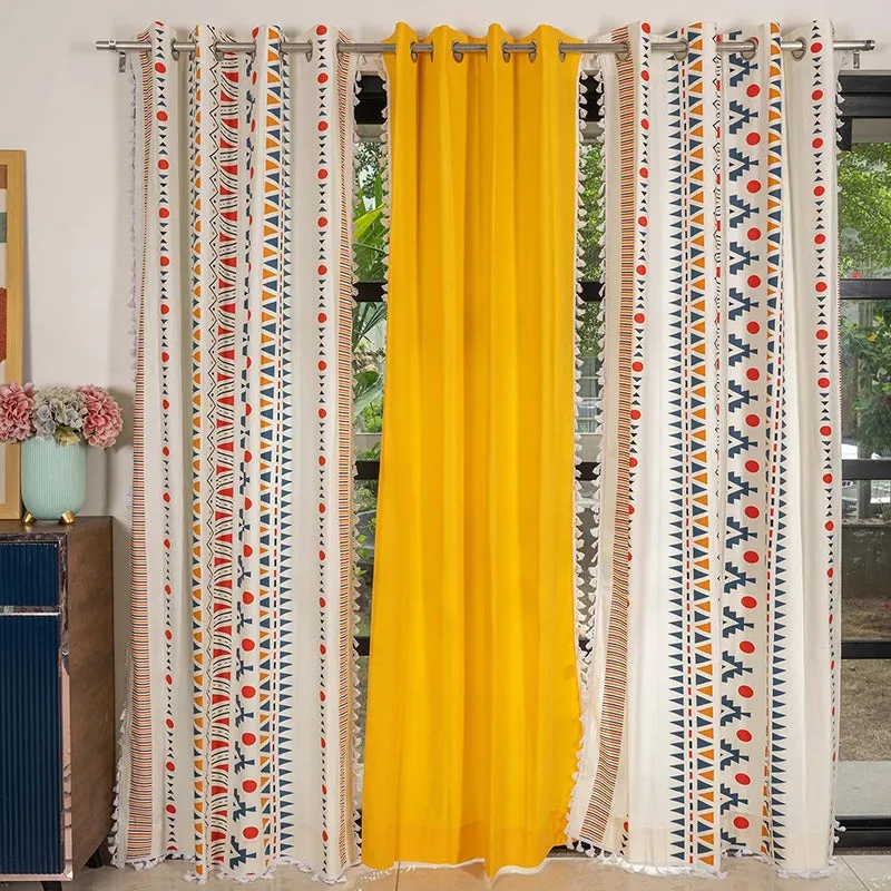Urban Space Ikat & Aura Curtain (Orange,Yellow) - Set Of Three media 2