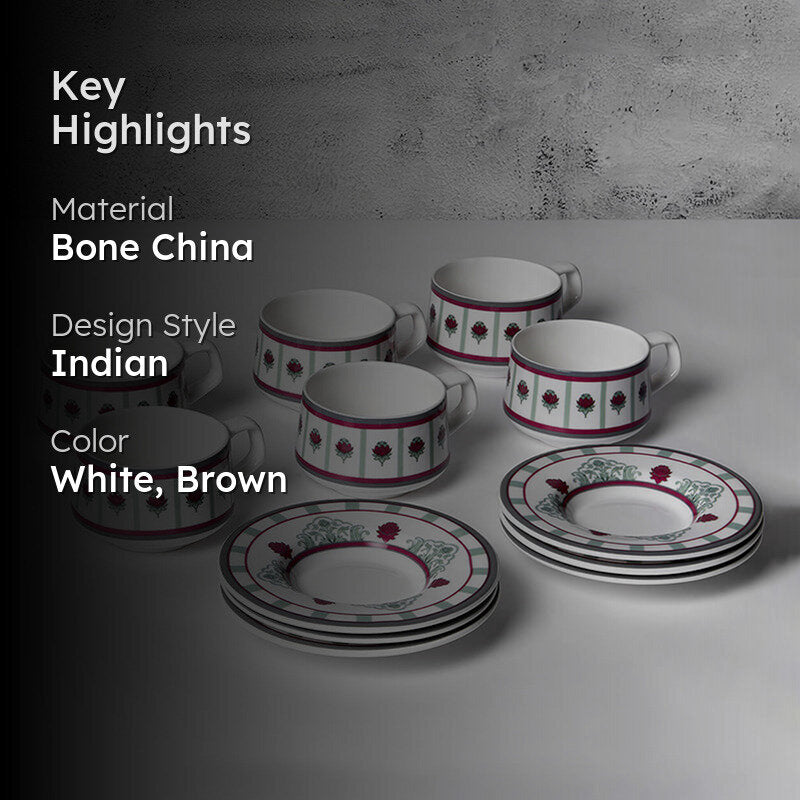 India Circus Cherrywood Bone Chine Cup And Saucer Set (180 mL Each) - Set of Six media 2