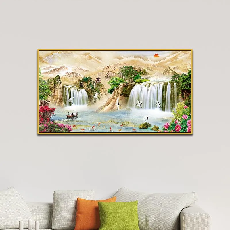 Savannah Waterfalls Landscape Canvas Wall Painting With Frame - Gold media 5