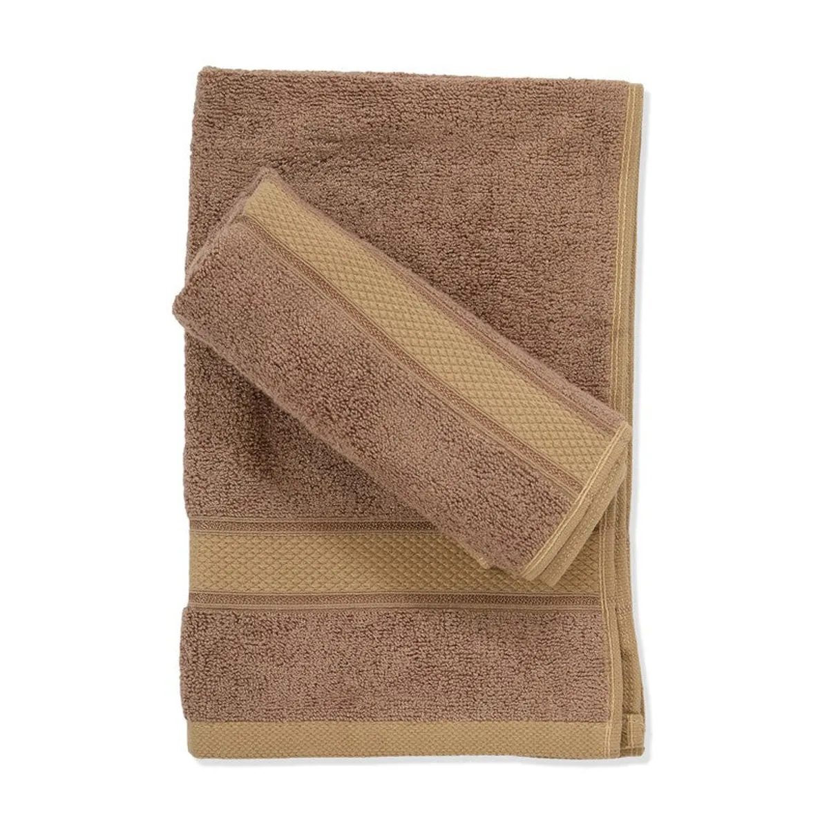 Two beige-brown towels layered flat to show striped borders