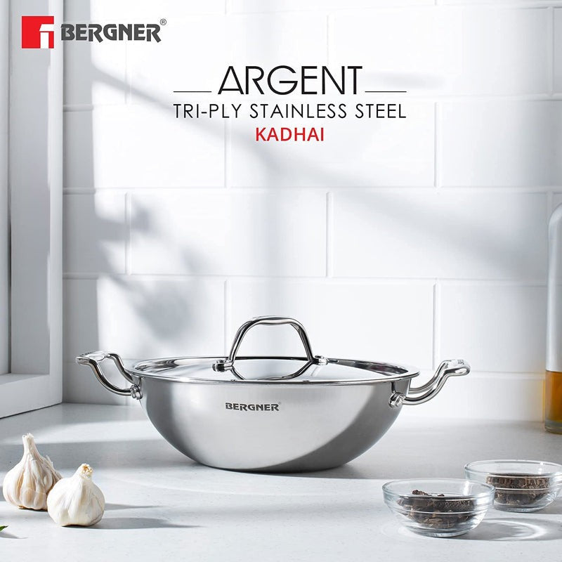 Bergner Argent Triply Deep Kadhai With Lid - 2300 mL media 3