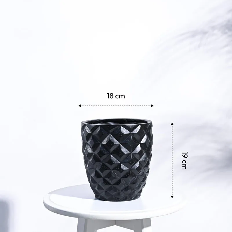 Black tapered round planter with geometric texture shown with size markers