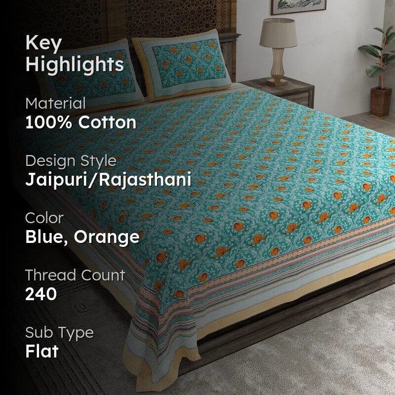 Shapeix Cotton Bedsheet (Blue,Orange) - 240 TC media 2