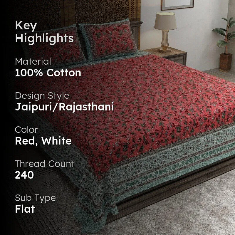 Florava Cotton Bedsheet (Red,White) - 240 TC media 2