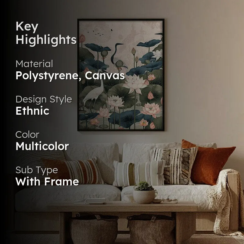 Lotus Garden Birds Canvas Wall Painting With Black Frame media 2