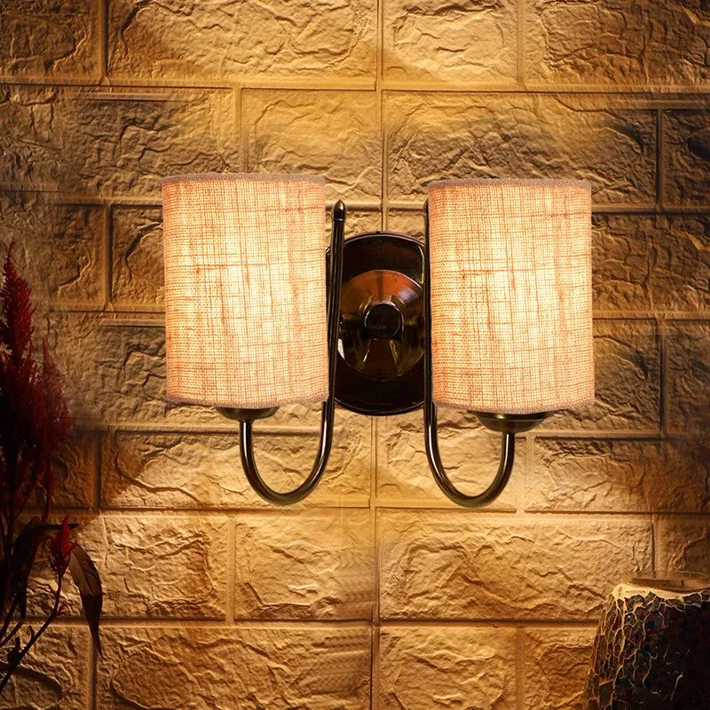 Veda Duo Cylindrical Fabric & Metal Wall Lamp - Beige media 1
