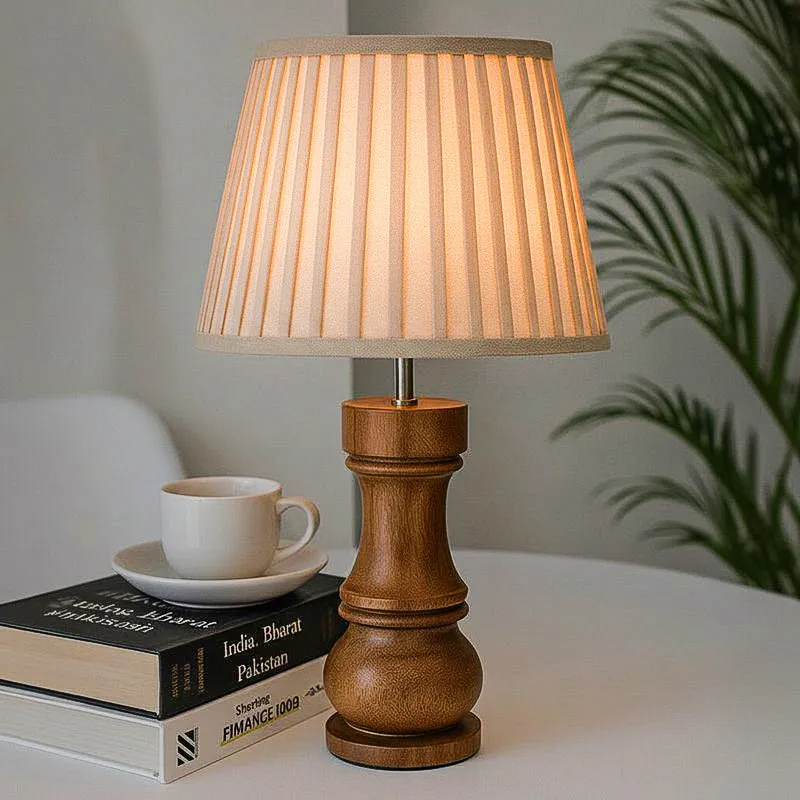 Pleated Rook Wooden Table Lamp - Ivory,Brown media 1