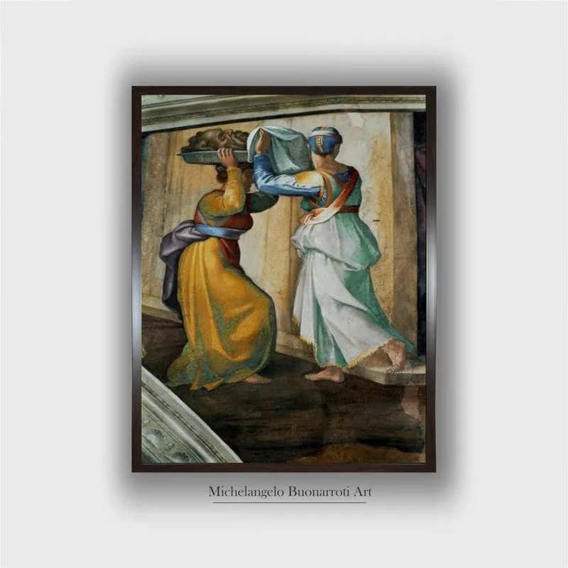 Front view of framed canvas painting with two classical figures