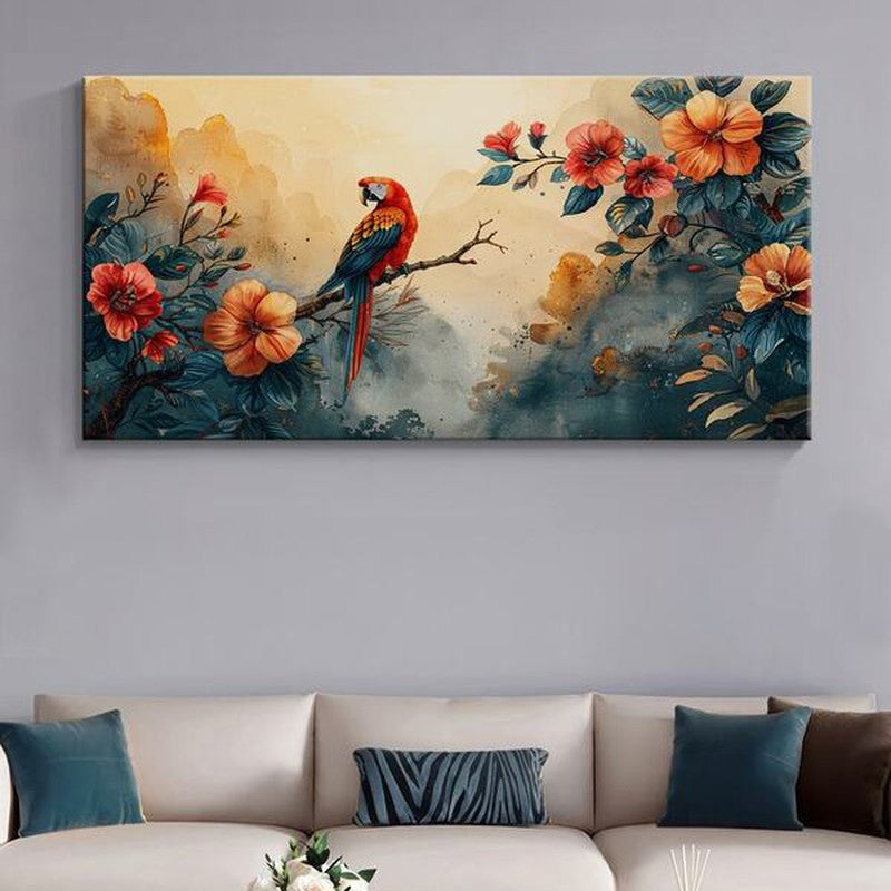 Tropical Parrot and Flowers Wall Painting