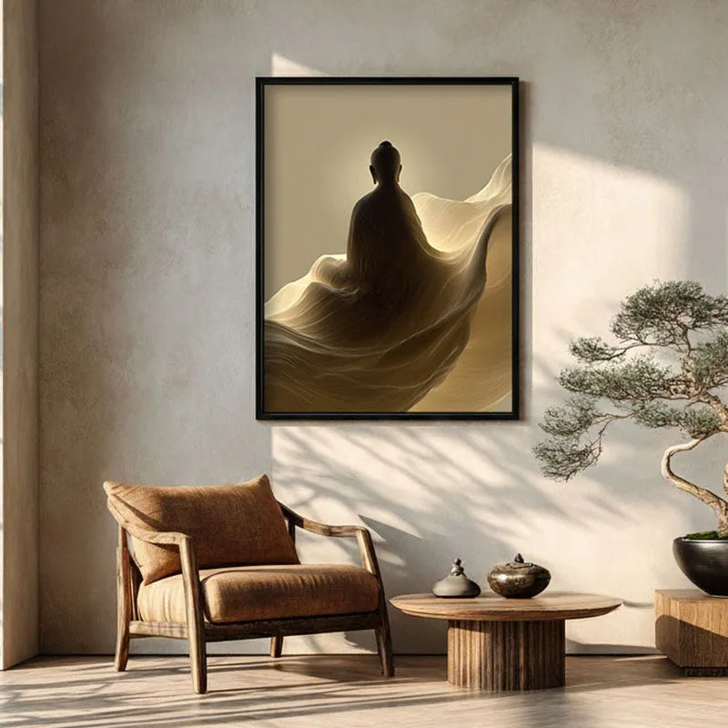 Silhouette on the Mist Buddha Archival Paper Wall Painting With Black Frame media 1