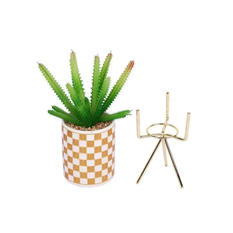 Faux Senecio In Checkered Pot With Tripod - 29.5 cms media 3