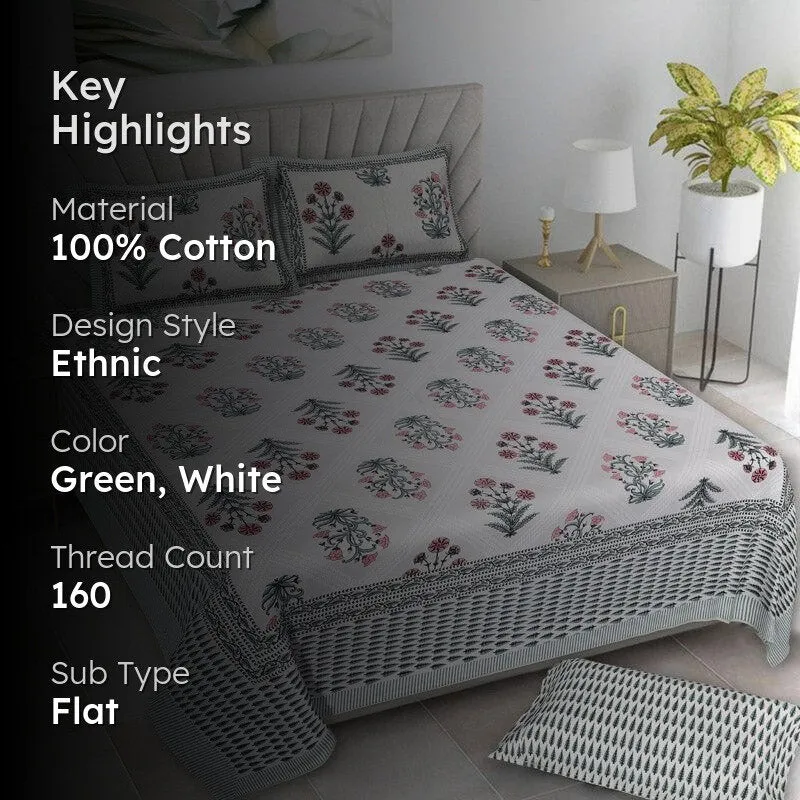 Brynn Floral Cotton Bedsheet (Light Green) - 160 TC media 2