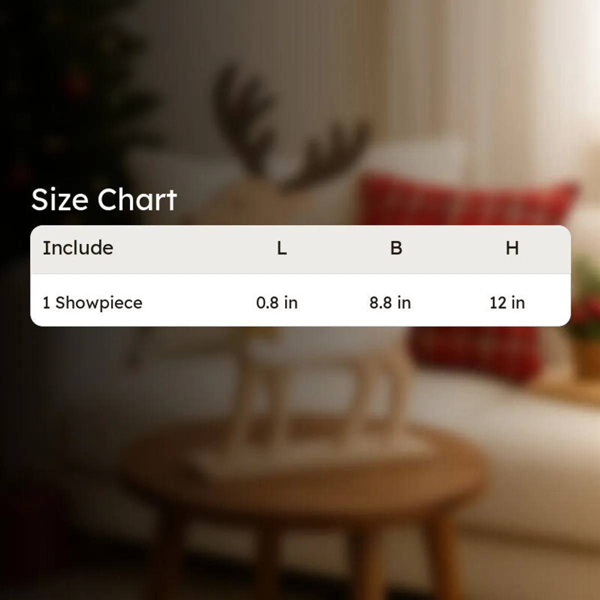 Blurred festive room background with the reindeer showpiece behind a size chart overlay