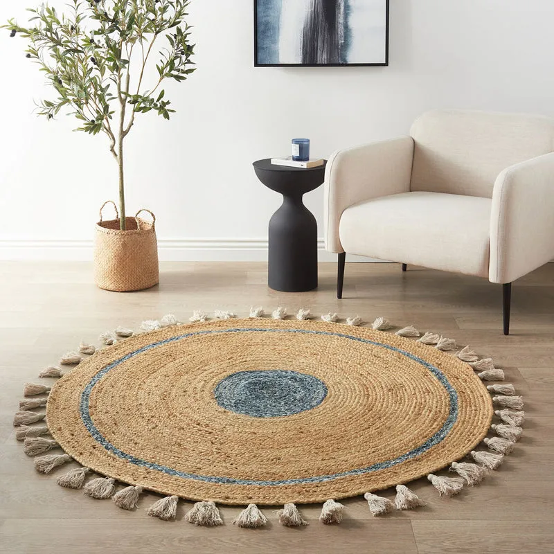 Rustic Halo Braided Jute Area Rug - Blue, Beige media 3