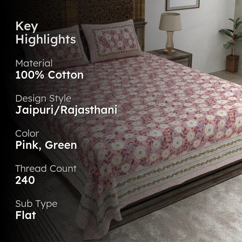 Loomva Cotton Bedsheet (Pink,Green) - 240 TC media 2