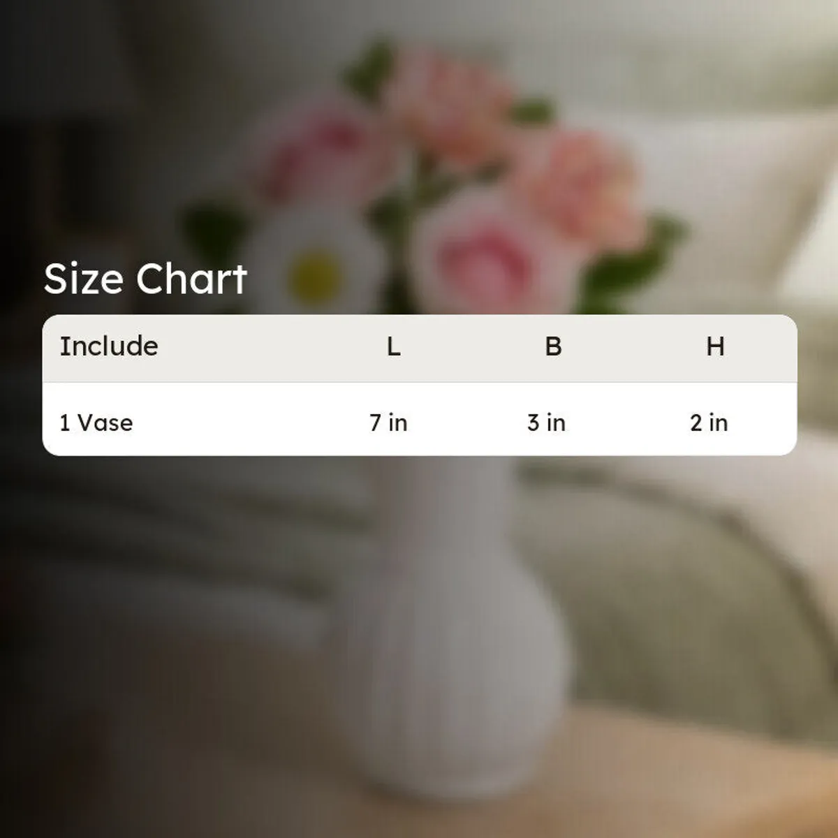 Blurred vase background with a size chart overlay