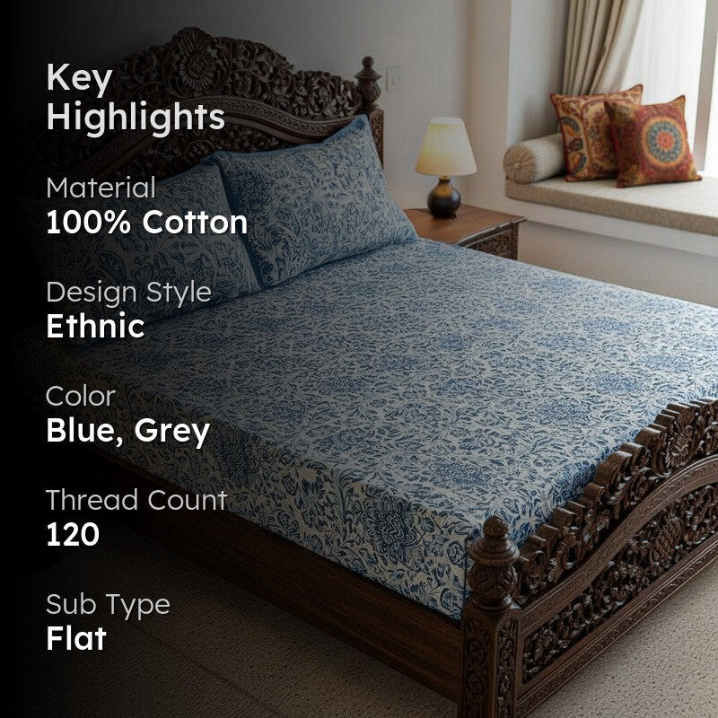 Micola Floral Printed Cotton Bedsheet (Blue) - 120 TC media 2