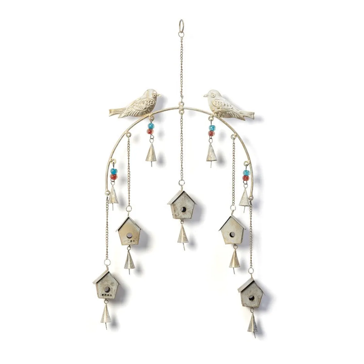 White bird-and-birdhouse windchime shown against a plain background