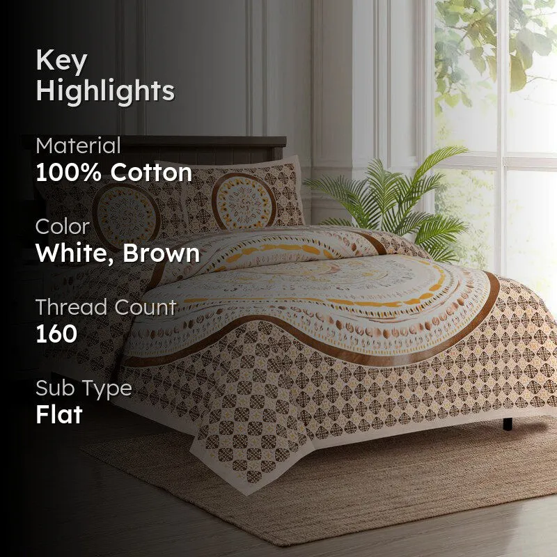 Mekhala Ethnic Cotton Flat Bedsheet (White & Brown) - 160 TC media 2