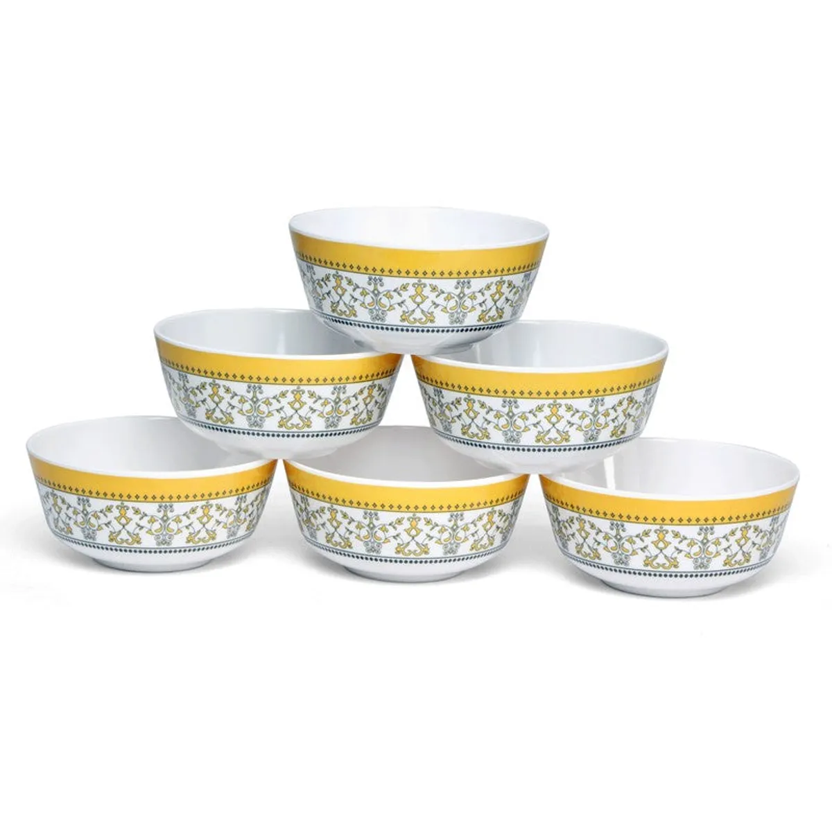 Six yellow and white patterned snack bowls arranged in a display.