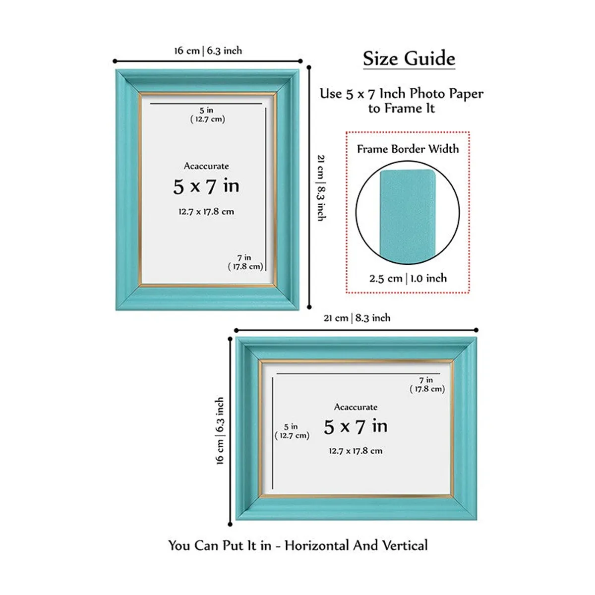 Blue and gold rectangular photo frame shown in portrait and landscape orientations