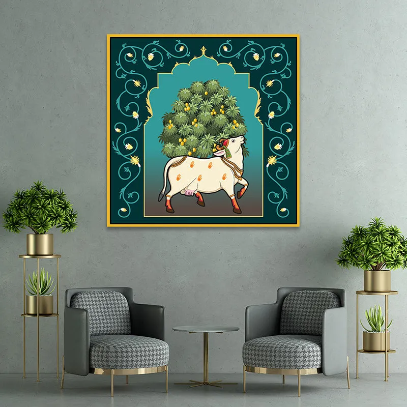 Cow In Grove Canvas Wall Painting With Frame - Gold media 1