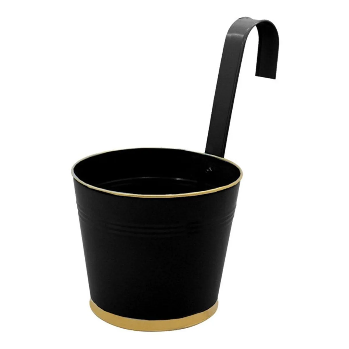 Black metal hanging planter with gold rim and base trim
