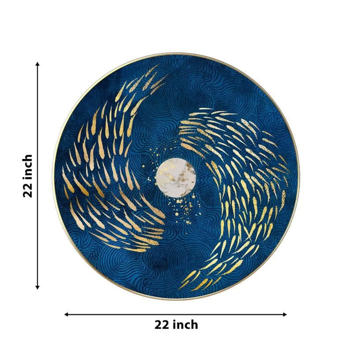 Round blue abstract wall art shown on a white background with measurement arrows
