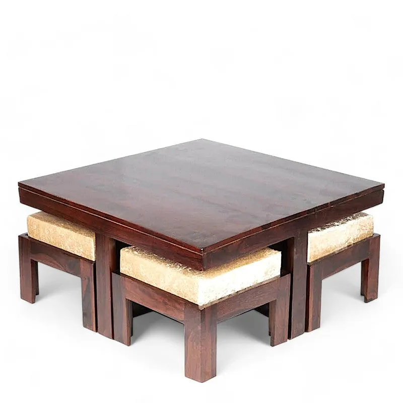 Evrino Sheesham Wooden Center Table with Stools and Cushions (Dark Brown) - Nine Piece Set media 5