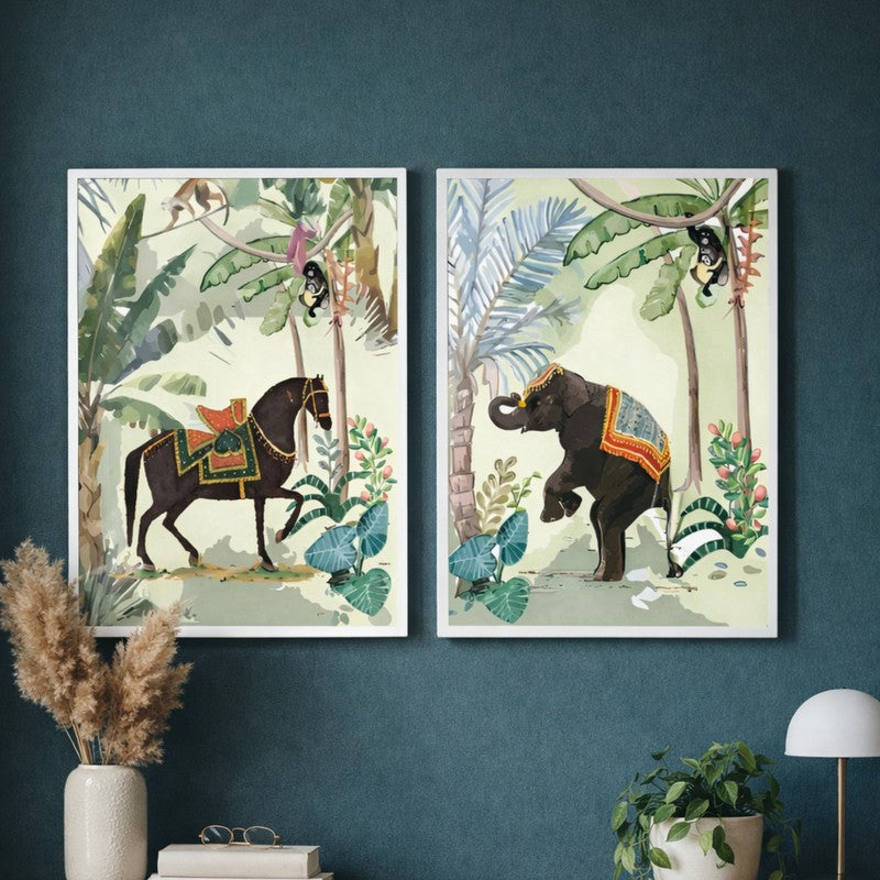 Jungle Greens Paper Wall Painting With MDF Frame - Set Of Two