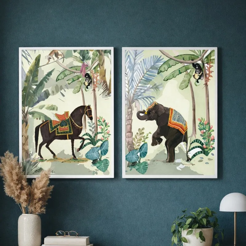 Jungle Greens Paper Wall Painting With MDF Frame - Set Of Two media 1