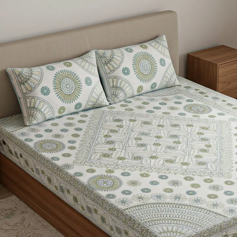 Dwanima Ethnic Cotton Bedsheet (Yellow,Blue) - 160 TC media 3