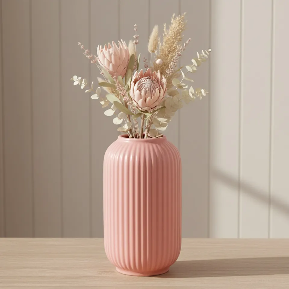 Opulent Ribbed Ceramic Vase - Pink media 1