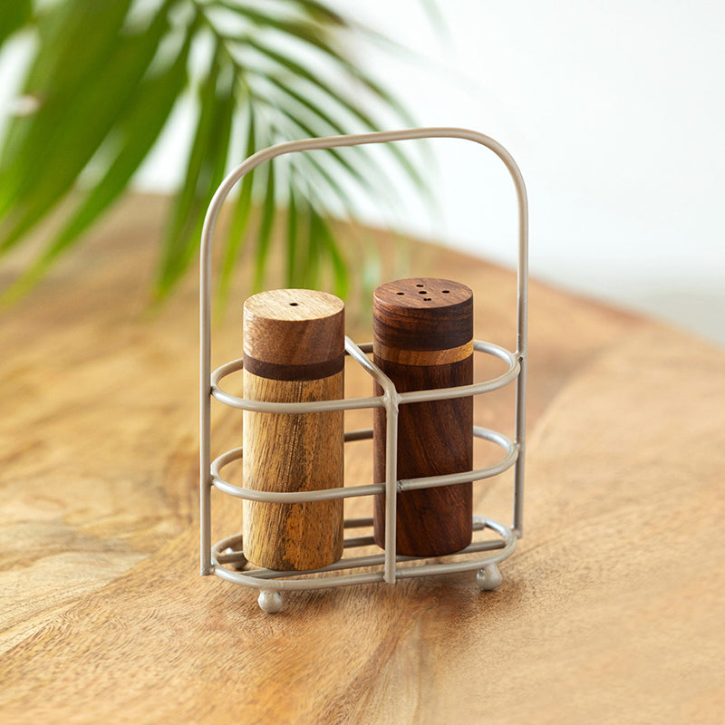 Salero Wood Salt & Pepper Shaker With Iron Holder (45 mL) - Three Piece Set