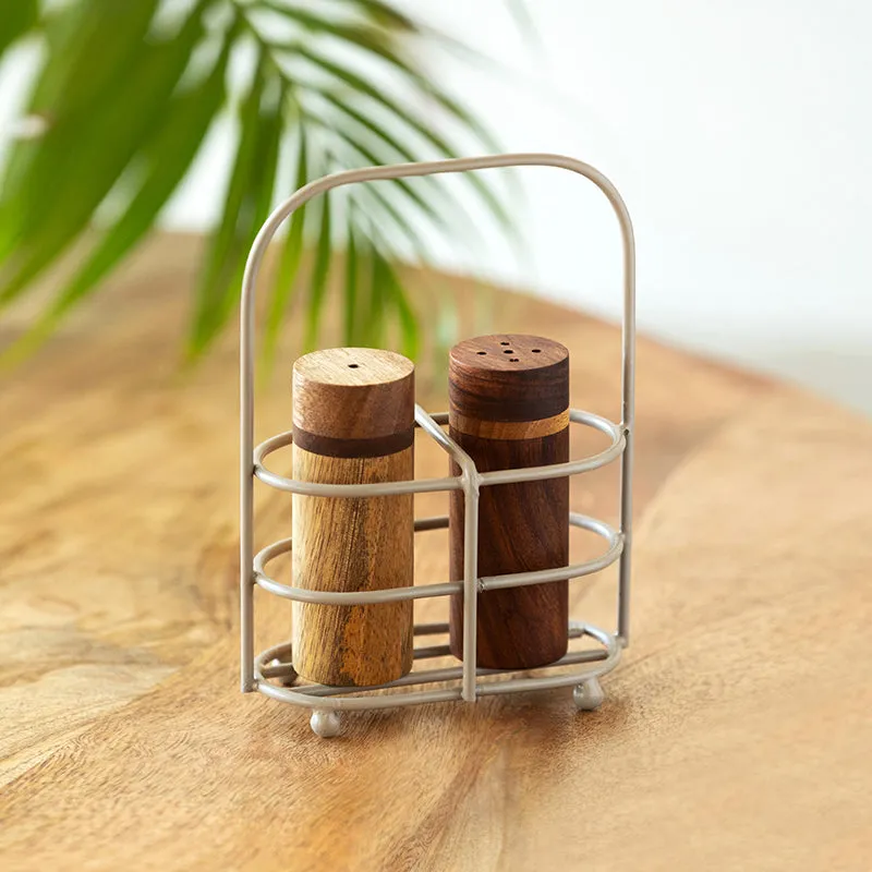 Salero Wood Salt & Pepper Shaker With Iron Holder (45 mL) - Three Piece Set media 1
