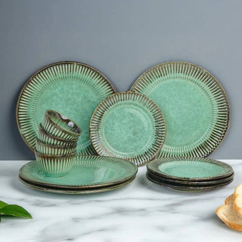 Rustic Green Ceramic Dinner Set - 12 Piece Set media 1