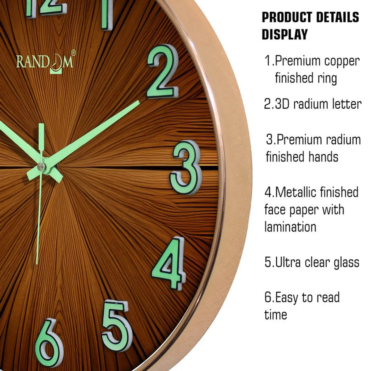 Close-up of the clock face showing raised numbers and copper-toned rim