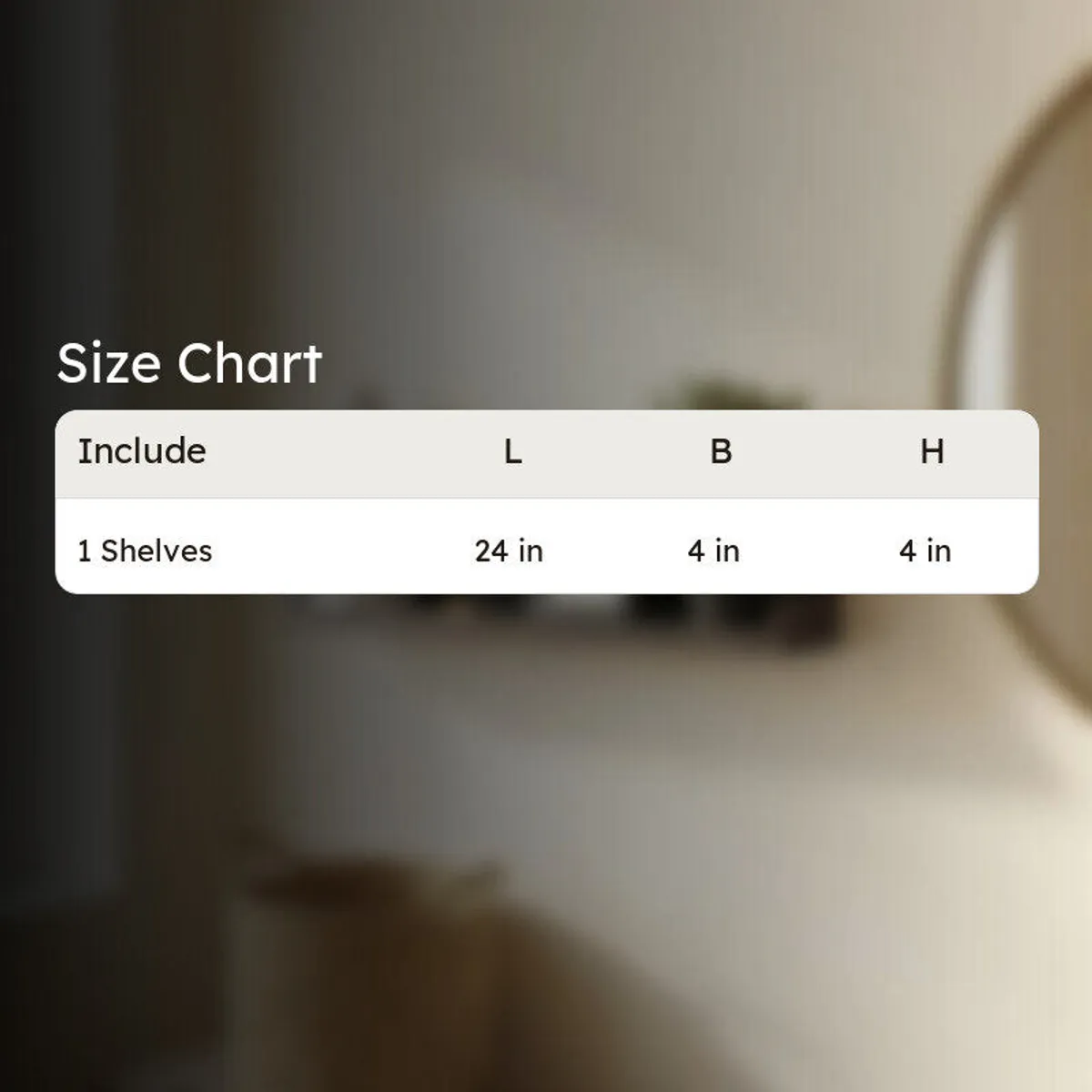 Size chart graphic shown over a blurred interior scene with the wall shelf.