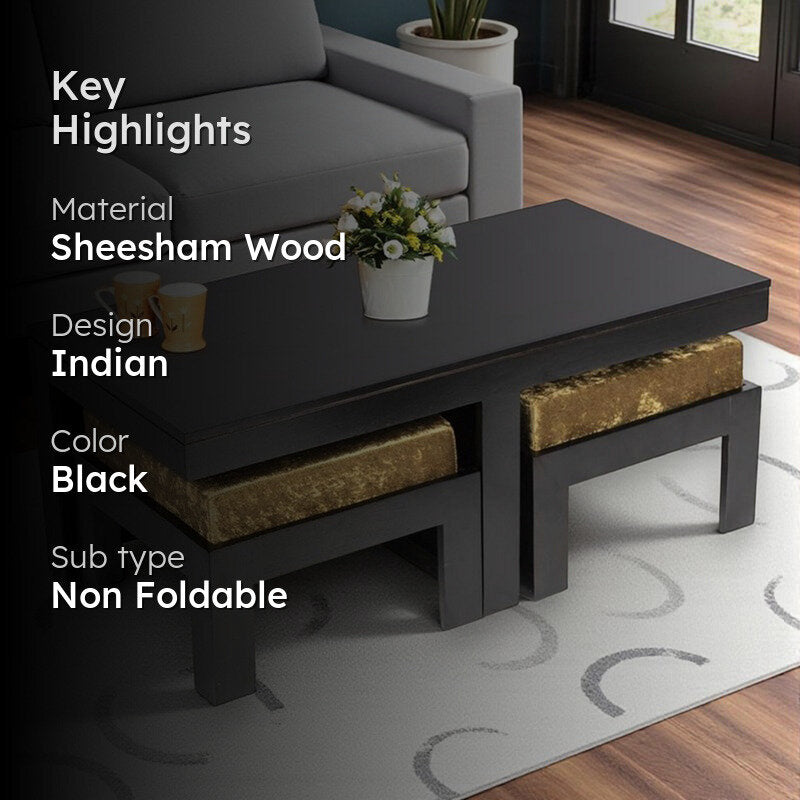 Drexon Sheesham Wooden Center Table with Stools (Black,Gold) - Five Piece Set media 2