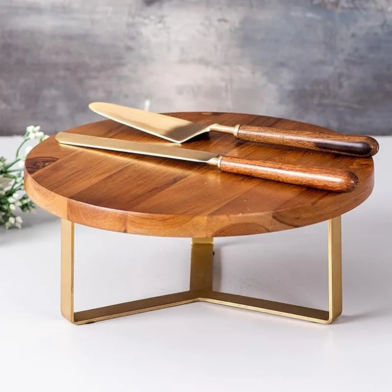Delicia Teak Wood Cake Stand With Knife and Server (Brown) - Three Piece Set media 1