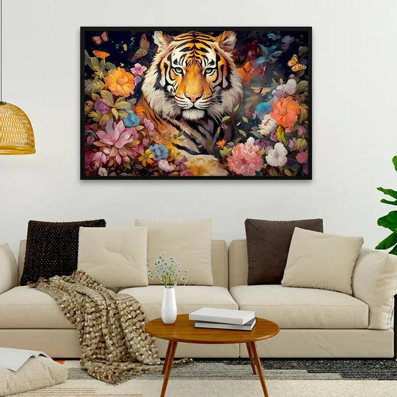 Tiger In Bloom Canvas Wall Painting With Frame - Black media 1