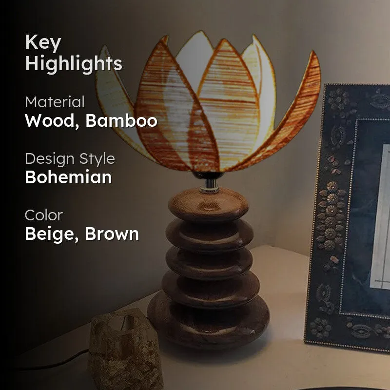 Solenrix Bamboo Table Lamp With Wooden Base - Beige media 2