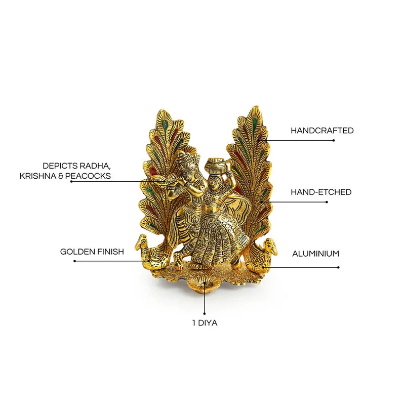Gold-toned diya showpiece with callout lines on a white background