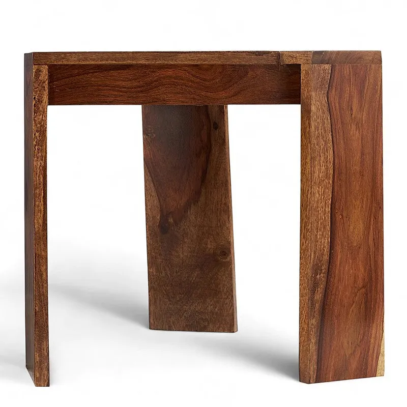 Close front view of the brown Sheesham wood side table
