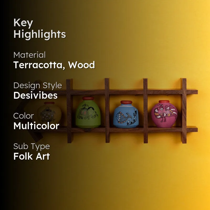 Binita Terracotta & Wood Wall Shelve With Pot - Five Piece Set media 2