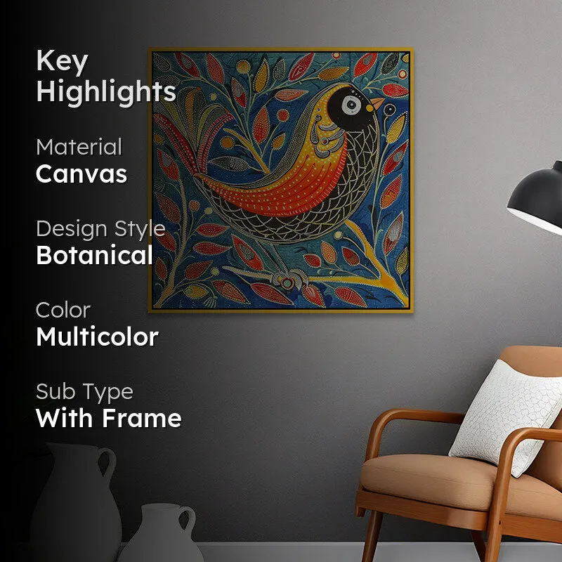 Colourful Avian Canvas Wall Painting With Frame - Gold media 2