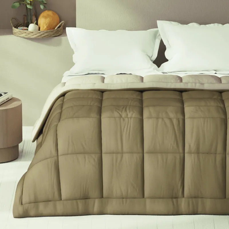 Close view of the olive-brown comforter's rectangular quilted panels