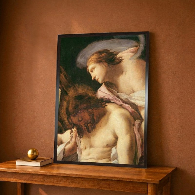 The Body of Christ Entombed Detail of the Head of Christ and the Angel Canvas Wall Painting - 9 x 12 Inches